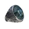 Aquatic Agate Stone Men's Fashion Jewelry Punk Hip Hop Silver Carved Ring