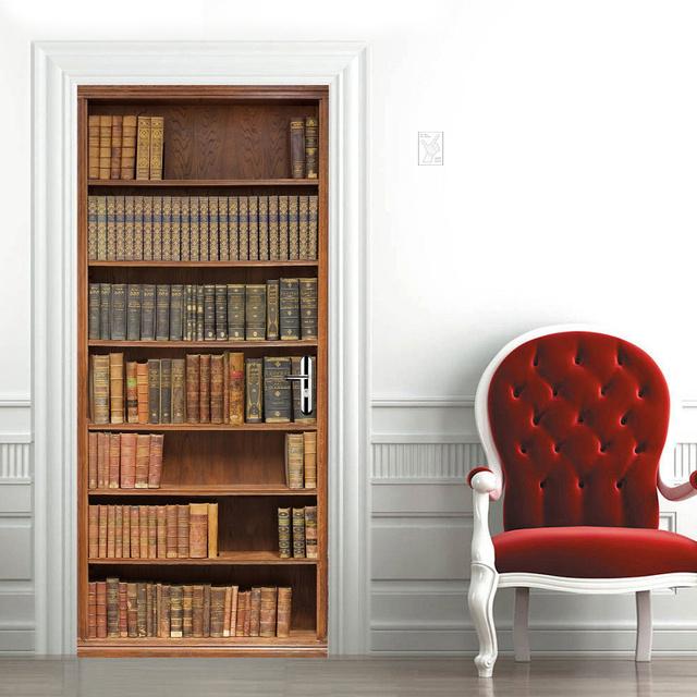 

3D Vintage Книжкова полиця Наклейки на двері Бібліотека Книжкова шафа Домашня спальня Наклейка на шпалери Знімний водонепроникний самоклеючий плакат Фреска 77x200cm