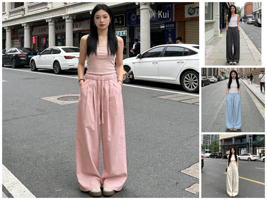 Women's Summer Yamo Wide-Leg White Pants: Casual, Loose-Fit, Milk Puff Texture