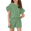 Girls' Summer Outfit Ruffle Sleeve Top And Shorts Clothing Set Lightweight Casual Two Piece