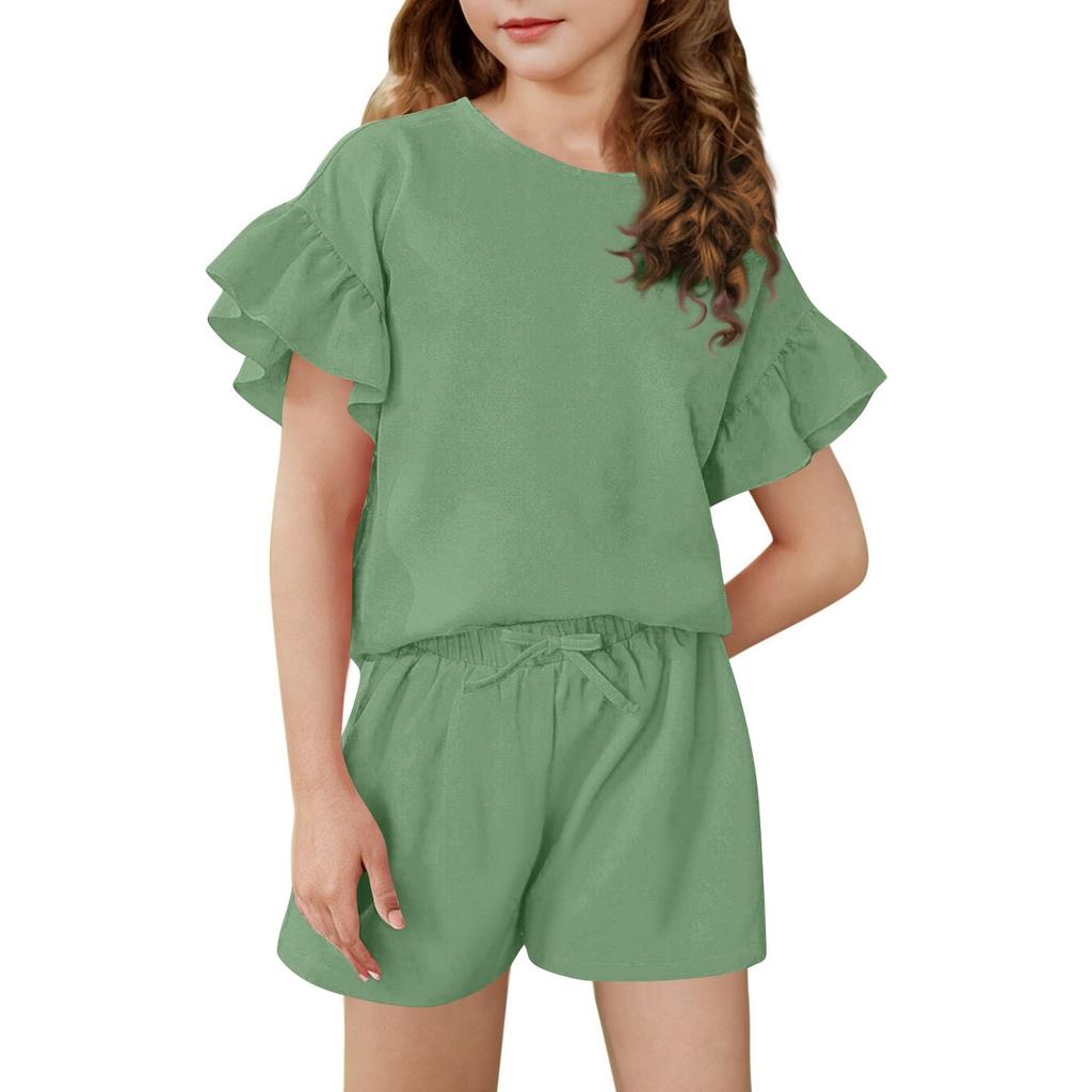 Girls' Summer Outfit Ruffle Sleeve Top And Shorts Clothing Set Lightweight Casual Two Piece