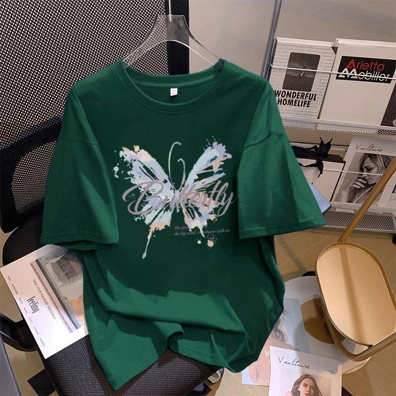 Butterfly Printed Cotton Short-sleeved T-shirt Women's Summer New Design Sense Fashionable Versatile Large-size Half-sleeved Top