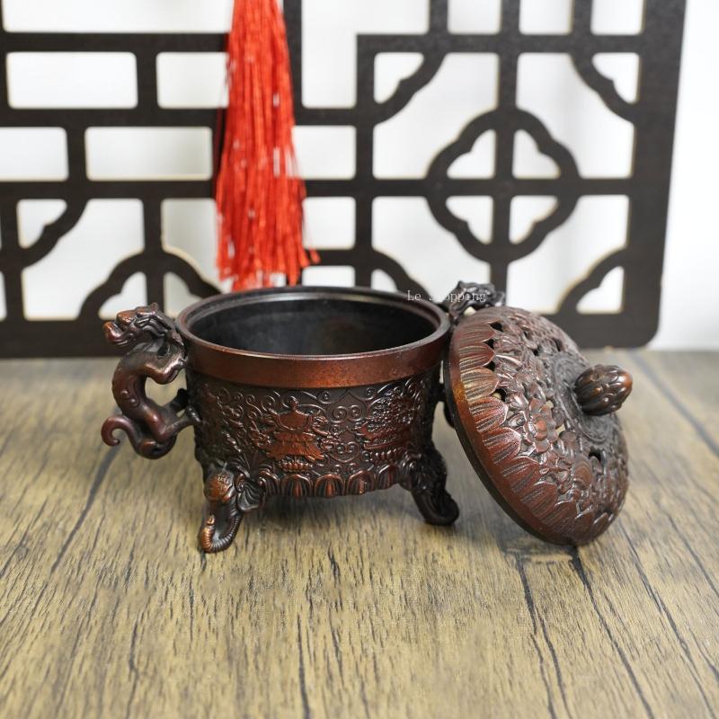 Antique Double Dragon Eight Treasure Auspicious Incense Burner Three-legged Censer Home Decoration Ornaments Religious Supplies