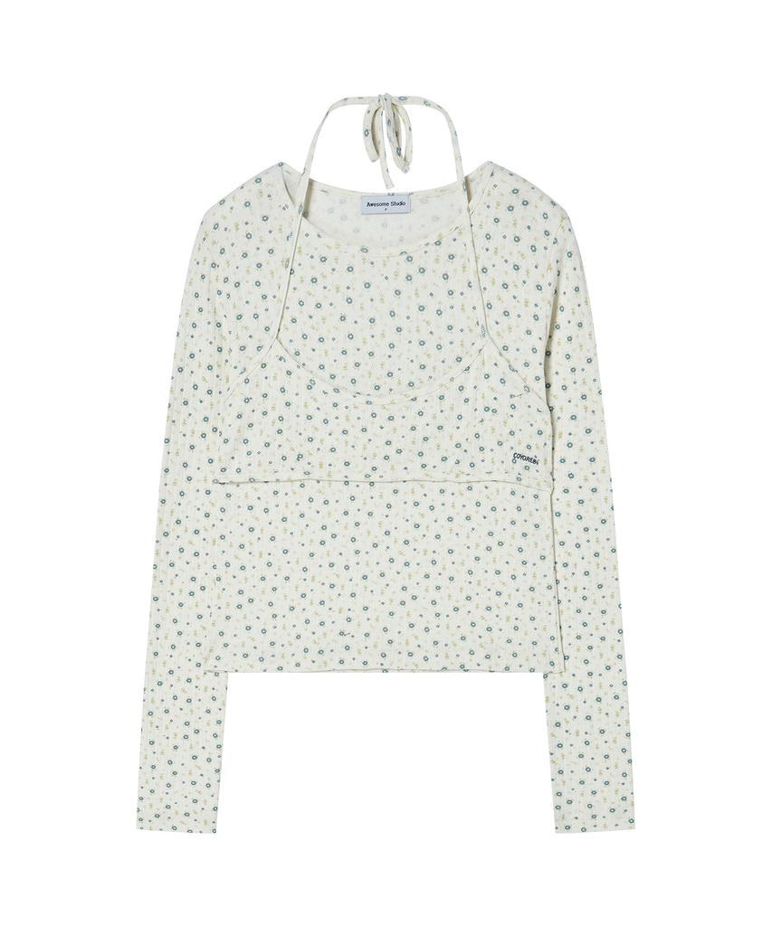 AWESOME STUDIO Flower Pattern Layered Top Light Beige
