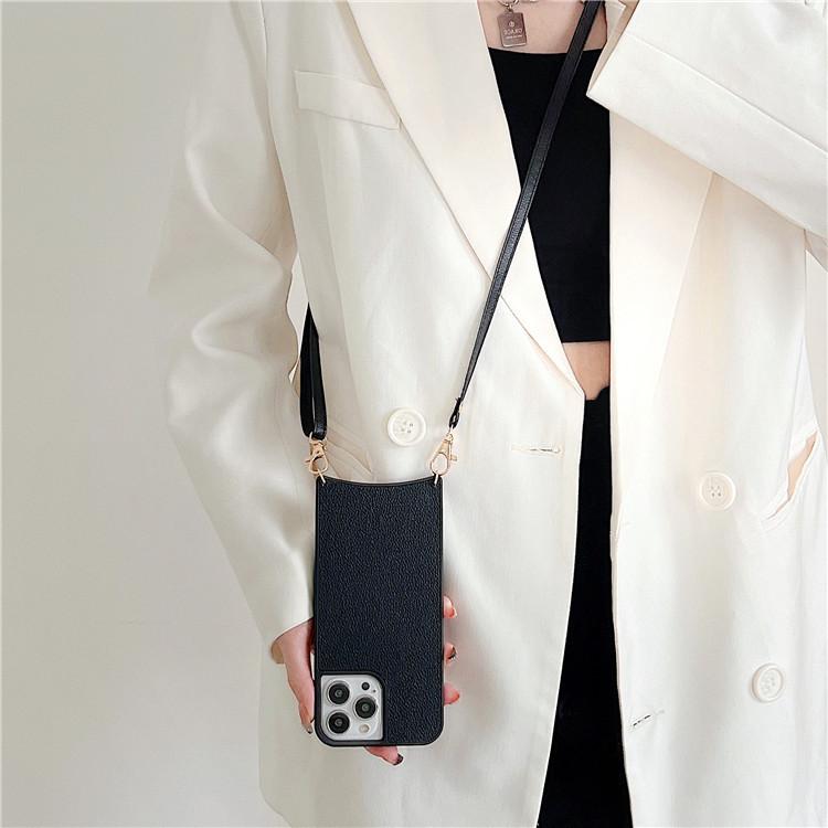 Applicable To Iphone12pro Leather Oblique Span Lychee Pattern Mobile Phone Case Apple 11 Lanyard Back Cover Protective Cover