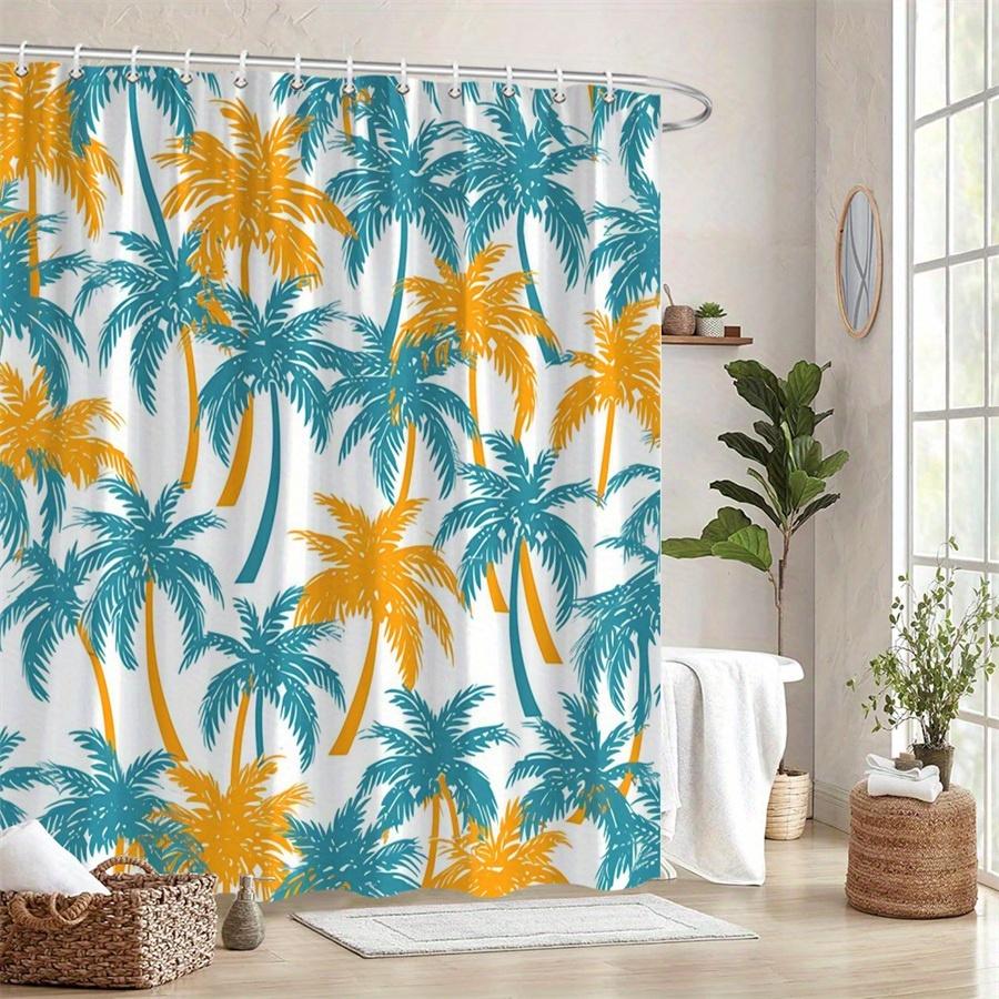 1Pc Tropical Palm Tree Shower Curtain - White, Teal And Orange Digital Print, Polyester Fabric, Machine Washable