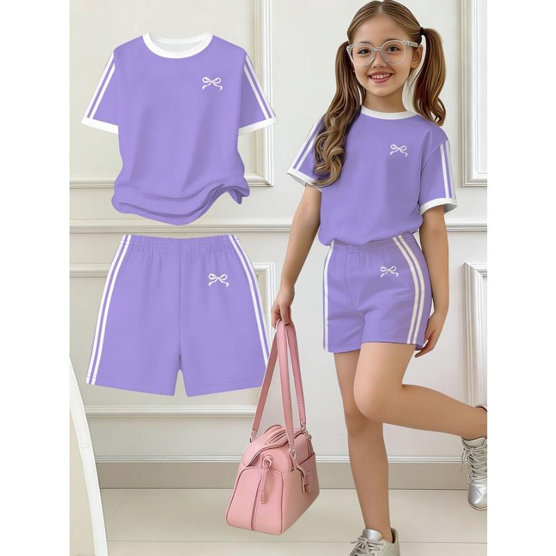 Kids Clothes Girls, 2pcs Set, Easy Bow Print Short Sleeve T-Shirt And Shorts Set, Suitable for Spring and Summer, Y2K Fashion