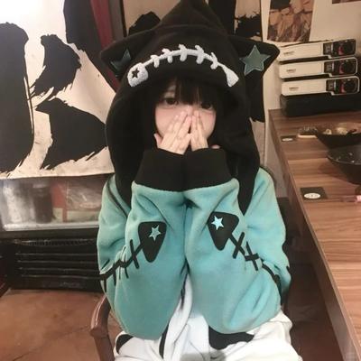 Contrast Color Kawaii Fish Bone Hoodies Women Vintage Y2k Aesthetic Oversized Streetwear Hoody Harajuku Zipper Sweatshirt