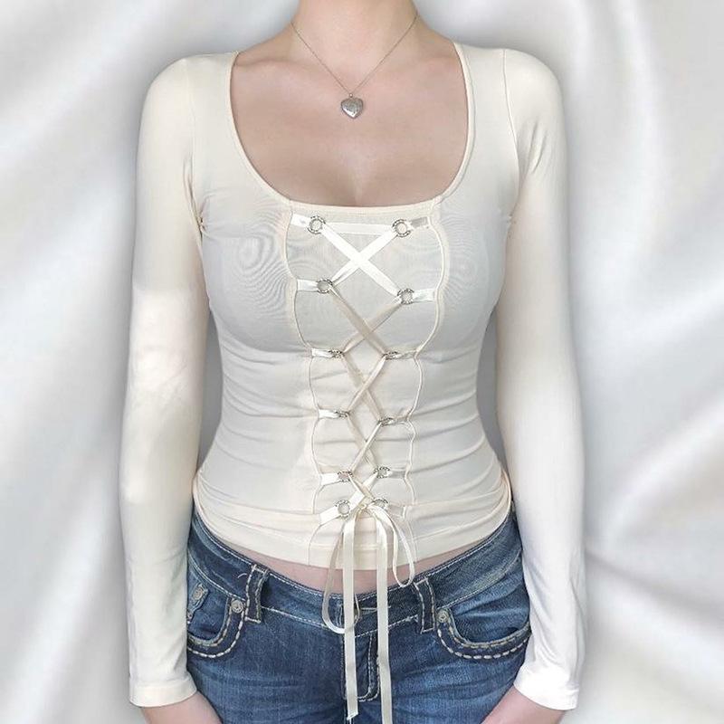 

Женская приталенная рубашка с длинным рукавом, футболка с перекрестной повязкой, однотонный белый вязаный топ