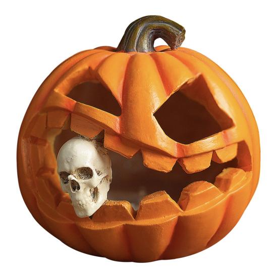 Halloween Pumpkin Sculpture with Light Spooky Pumpkin Figurine with Skull Resin Table Ornament for Home Office Decor