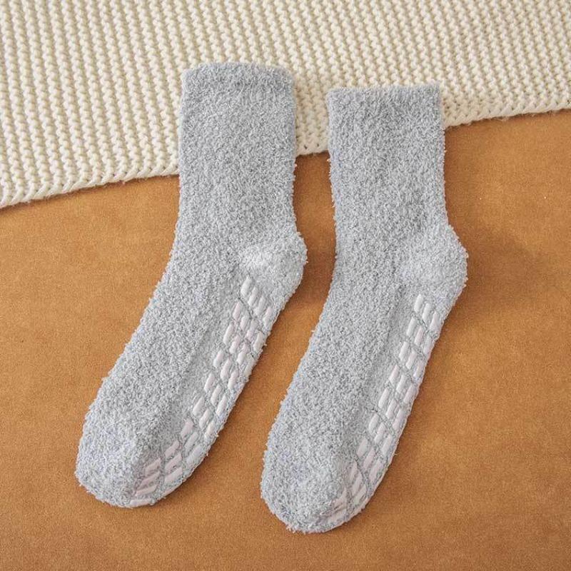 Non-shedding Coral Fleece Socks - Women's Solid Color Anti-slip Adhesive Socks for Winter and Autumn Warmth - Towel Half Fleece Floor Socks
