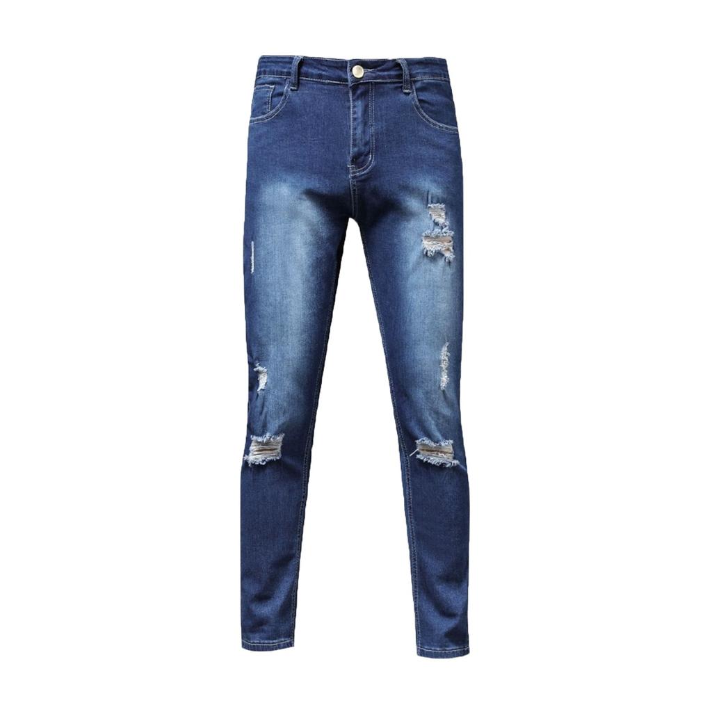 Men Striped Zipper Denim Hole Vintage Wash Hip Hop Work Trousers Jeans Pants