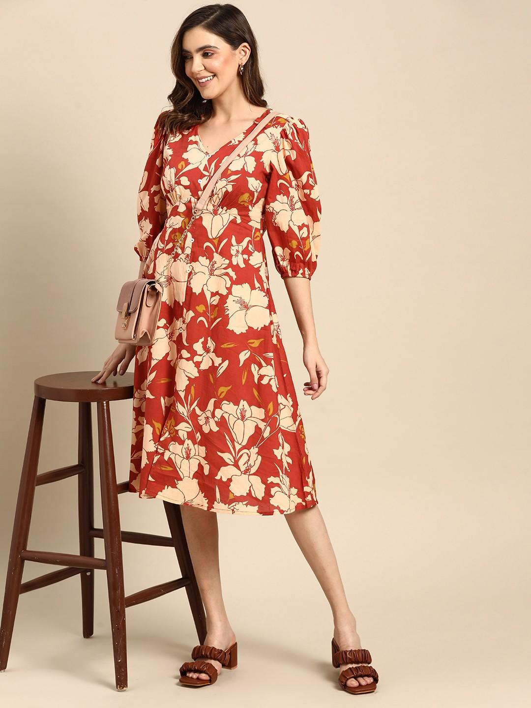 

Платье А-силуэта из чистого хлопка с цветочным принтом S испанские оранжевого