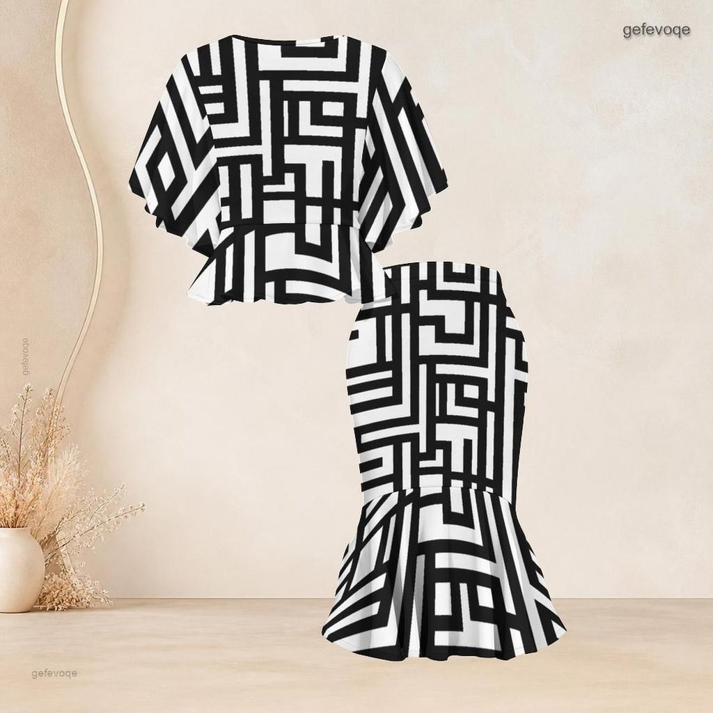 Women Plus Size Printed Round Neck Batwing Sleeve Ruffle Hem Top Fishtail Skirt Two Piece Set