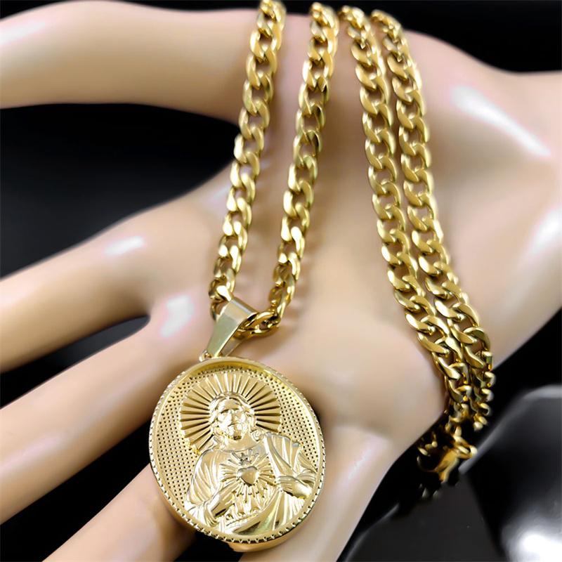 Sacred Heart of Jesus Catholic Necklace for Women Men Stainless Steel Gold Plated Medal Pendant Necklaces Jewelry Gift NZZ452S05
