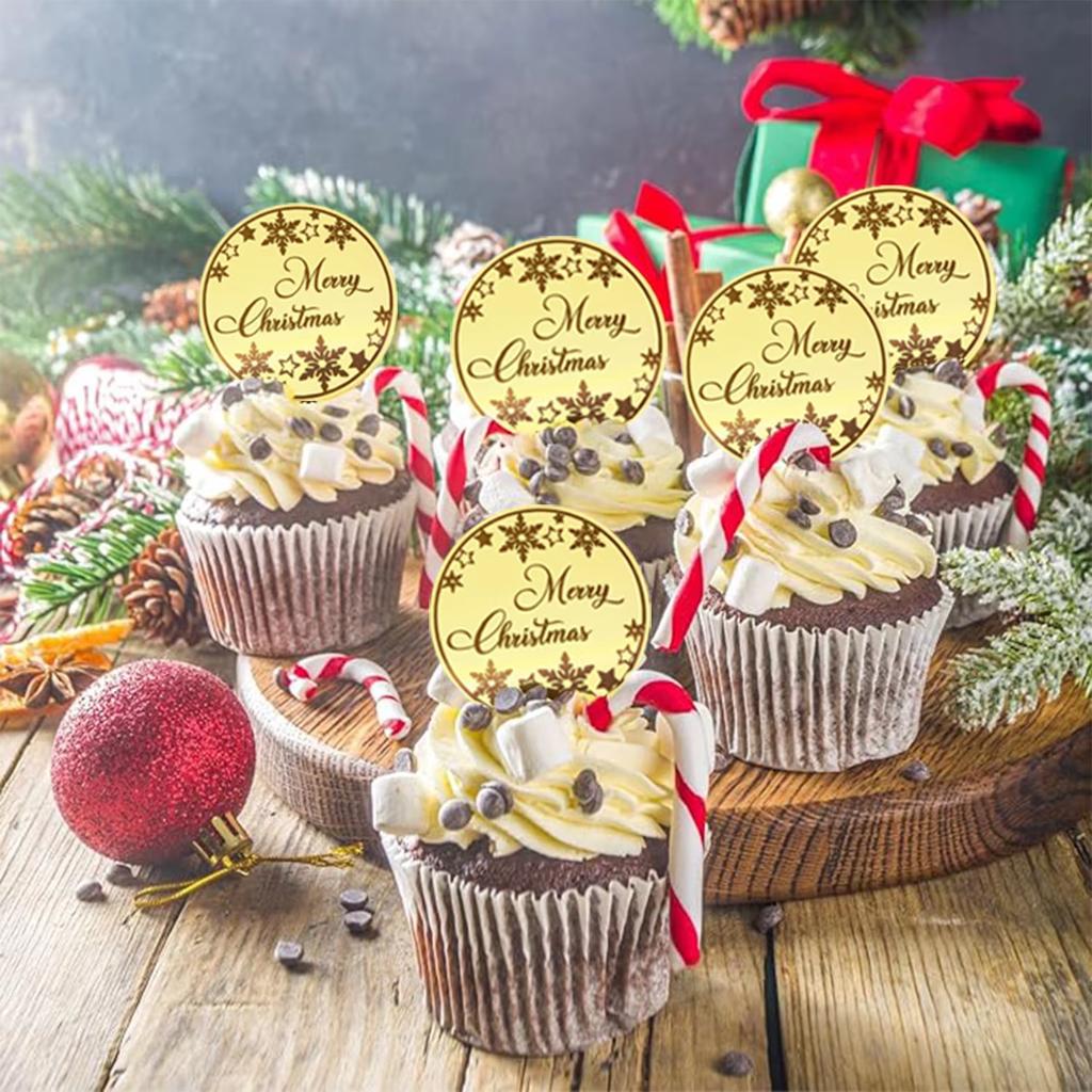 20 Stück Frohe Weihnachten Acryl Cupcake Topper mit schneeflockenförmigen kreisförmigen Weihnachtsfeier Cupcake Dekorationen