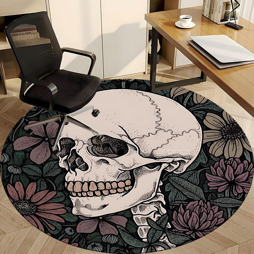 1PC Skull Flowers Office Round Area Rug, Mat Suitable For Office, Under Office Chairs Bedroom Living Room Home Decor, Room Deco