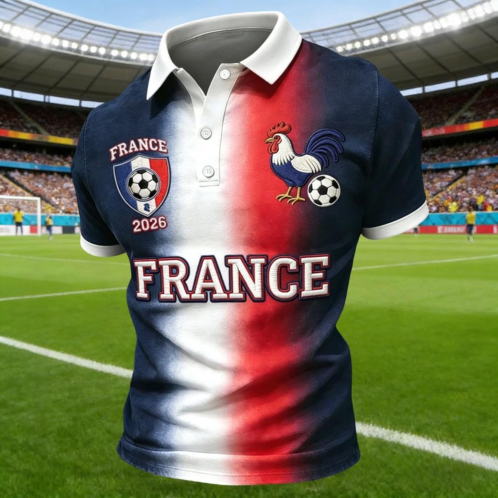 Unisex Casual Short Sleeve Polo Shirt France Print Loose Fit Breathable Lightweight Button Collar Top for Everyday Wear