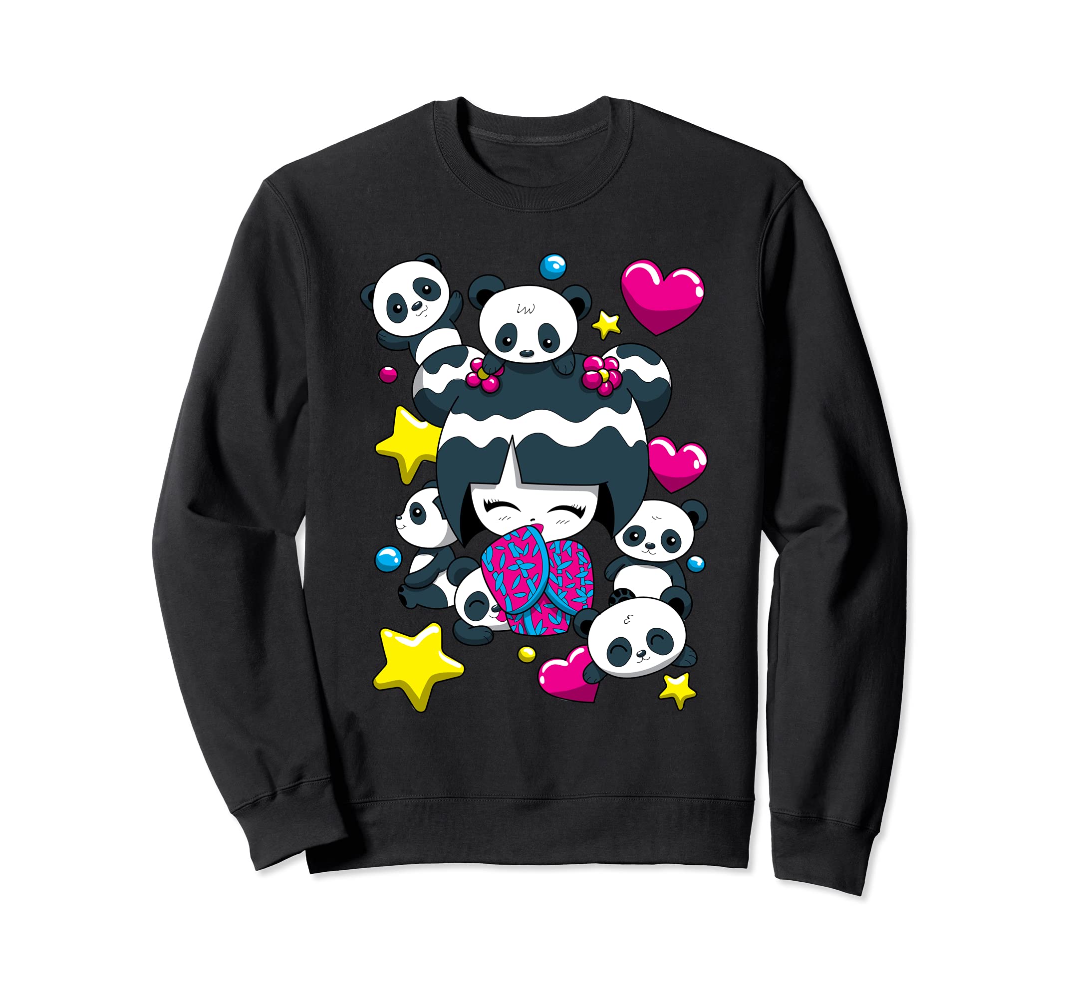 Cute Japanese Kokeshi doll and cute panda bear sweatshirt чёрный