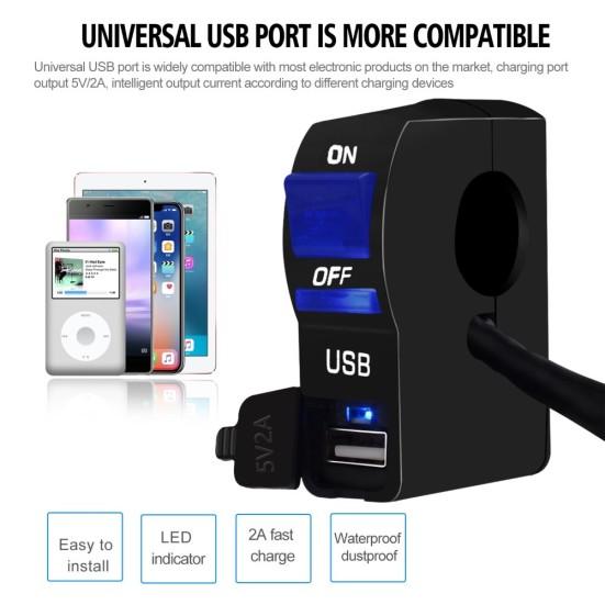 DC 12V LED indicador motocicleta manillar montaje USB cargador de teléfono con interruptor