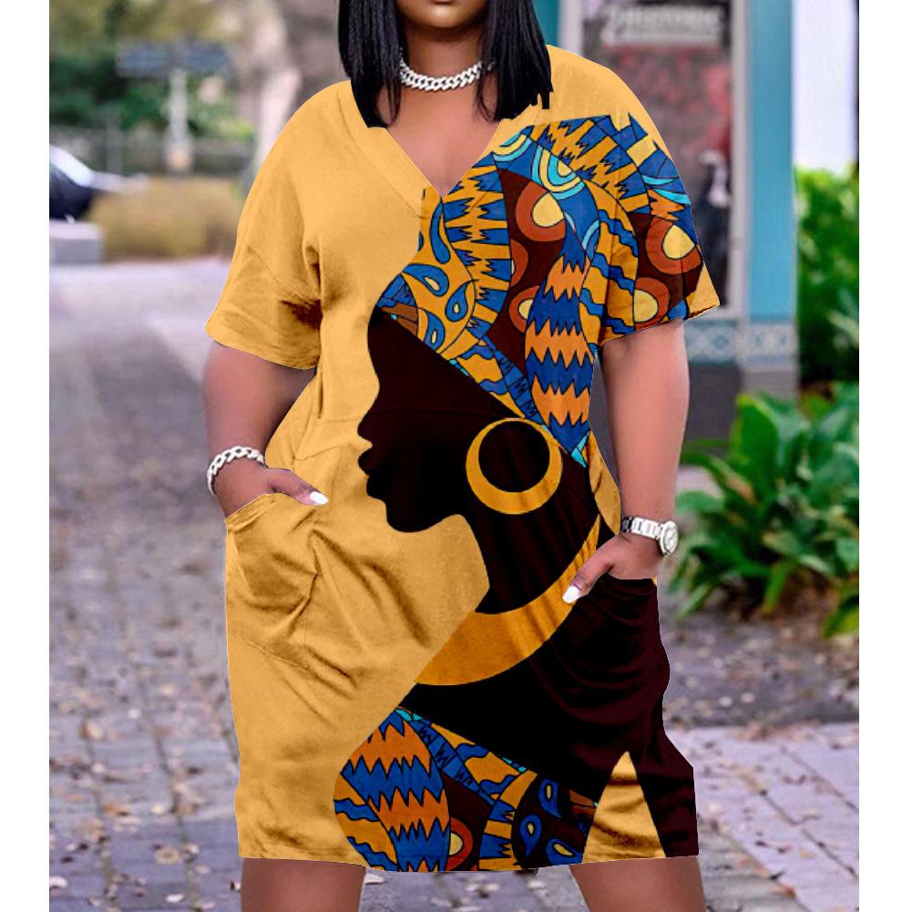 2026 digital printing cross-border temperament commuter skirt pullover V-neck dress