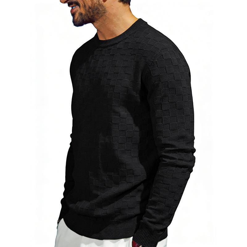 Mens American Heavyweight Loose Casual Checkerboard Jacquard Crew Neck Long Sleeve Sweatshirt