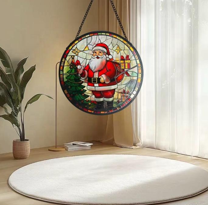 Dropshipping Colorful Round Stained Glass Santa Claus Ornament Wind Chimes Colorful Wall Art Pendant Sun Catcher (Red,15*15cm) красный