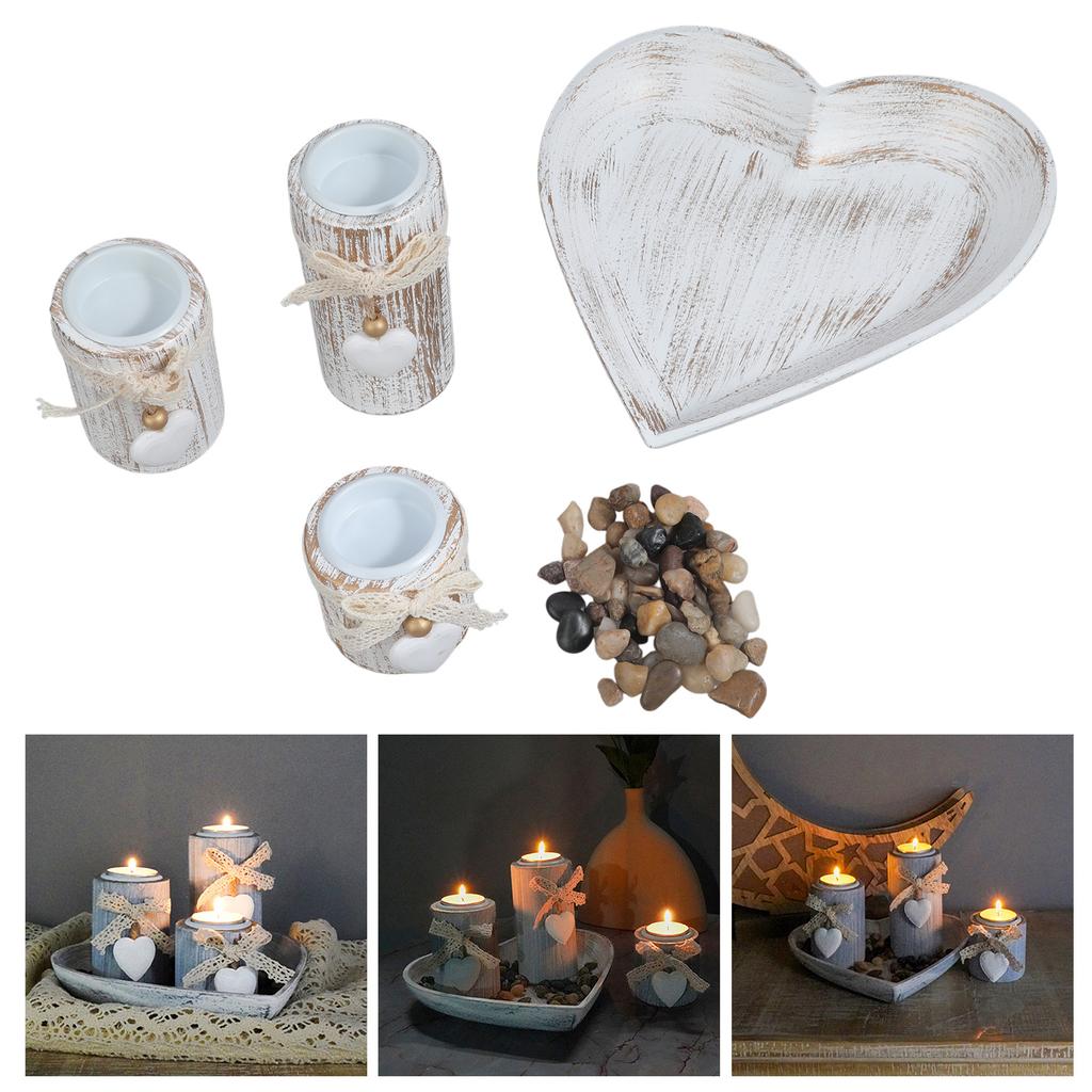 3Pcs Wood Candlestick Set Tealight Candle Holders with Romantics Heart Designs Tray and Bows Decoration for Centerpieces