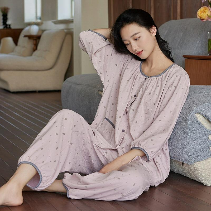 Pajamas Women's Summer Three-quarter Sleeve Home Service Two-piece Suit with Chest Pad Fairy Style Thin Section Cloud Cotton Loose Large Size