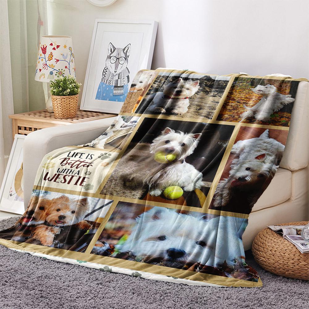 1Pc Cute Yorkshire Print Flannel Blanket, High quality Comfortable for All Seasons, Home Decor, Warmth and Comfort, Perfect for Christmas Gifts