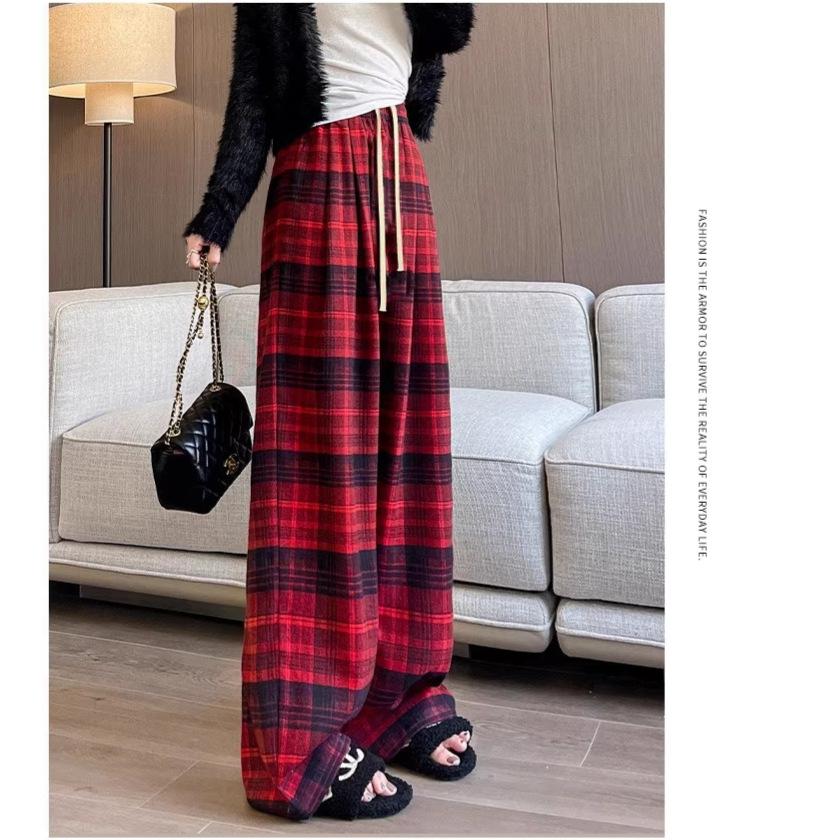 Source manufacturer plaid pants women s high waist loose and thin wide-leg pants spring and summer new versatile casual trousers S красный