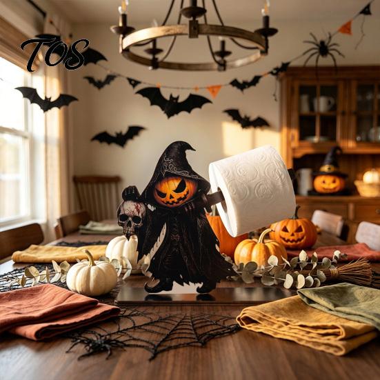 Halloween Kitchen Paper Towel Holder Wooden Napkin Holder, Ghost Pumpkin Tabletop Decor for Dining Room, Cute Theme Storage Spooky Organizer