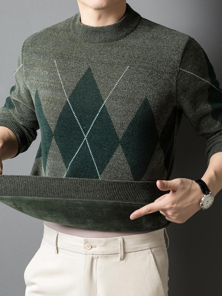 Pulover cu gât înalt cu dungi pentru bărbați, croială slim-fit - Pulover tricotat confortabil din amestec de fleece pentru toamnă/iarnă, top casual cu mâneci lungi și cald, cu croială elastică