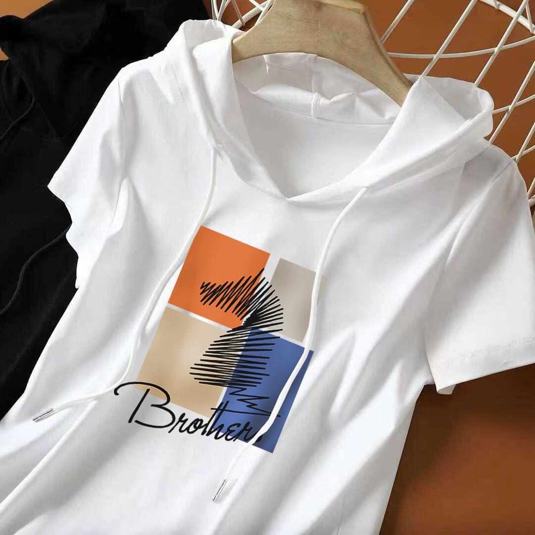 

Женская летняя футболка из чистого хлопка с коротким рукавом и капюшоном свободного кроя - Новый корейский стиль 4XL (140-155 jin)