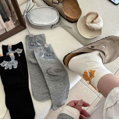 Chaussettes mi-mollet pour femmes à imprimé chat tridimensionnel, douces, confortables, absorbant la transpiration, respirantes, décontractées