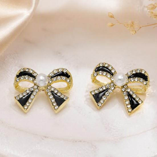 Classy Party Jewelry 1 Pair Sparkly Rhinestone Bow Knot Stud Earrings for Women, Faux Pearl Romantic Date Night Accessories Ribbon Earrings, Statement