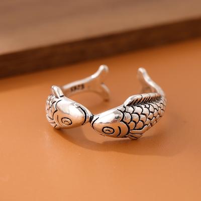 Neuer Retro 925er Sterlingsilber Schmuck Thai-Silber Mode Kleiner Goldfisch Fische im Zeichen der Fische Küssendes Tier Elegante Öffnungsringe R143