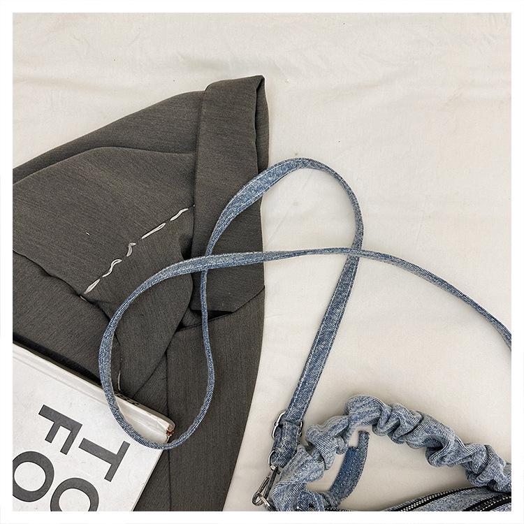 Korean Style Chic Denim Pleated Embroidered Crossbody Bag for Women