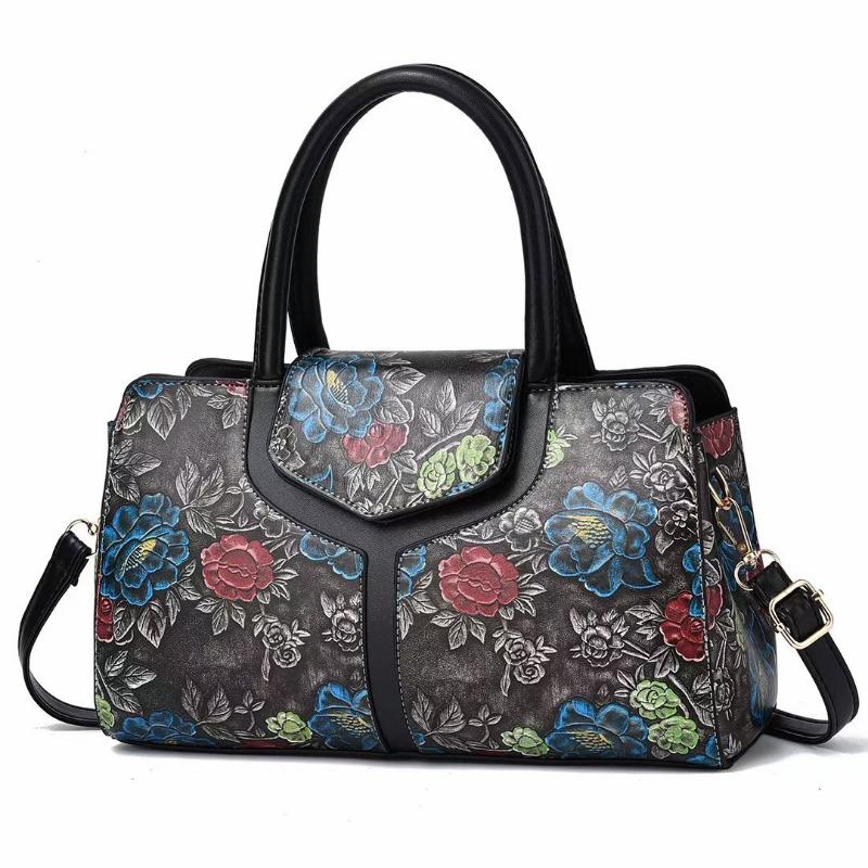 Shoulder Tote Bag for Women Retro Flower Pattern Satchel PU Crossbody Handbag