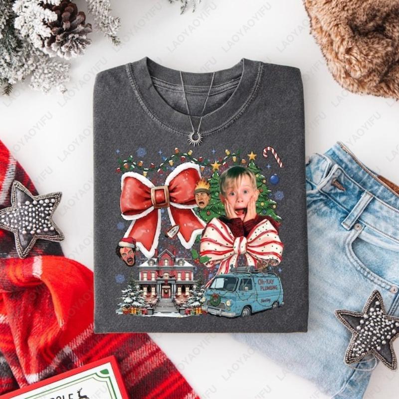 Home Alone Retro 90s Christmas Movie Adult Cotton TShirt McCallister Cute Bow Fun Festival Graphic Printed Oneck Women Tops