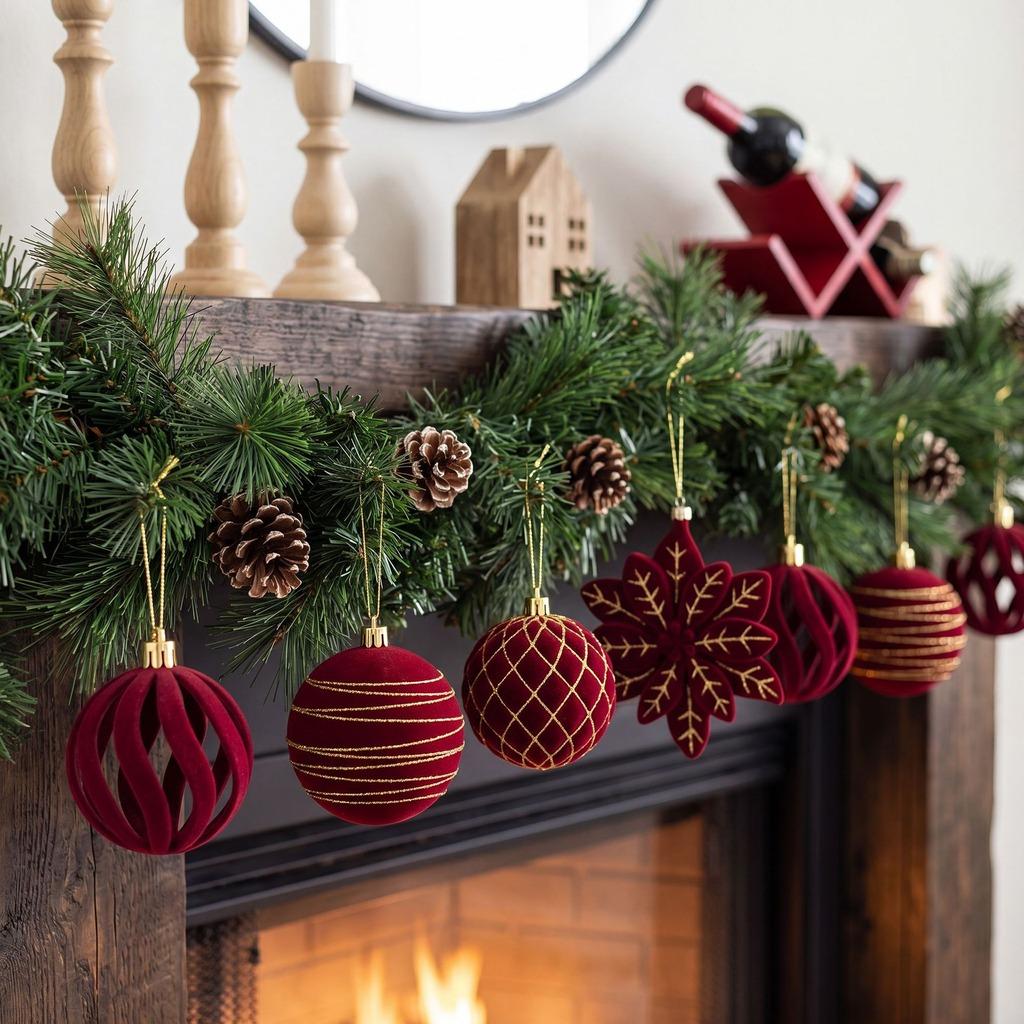 Burgundy Christmas Ornaments Delicate Christmas Ball Ornaments Christmas Ornament Set Flocked For Gift Box Storage