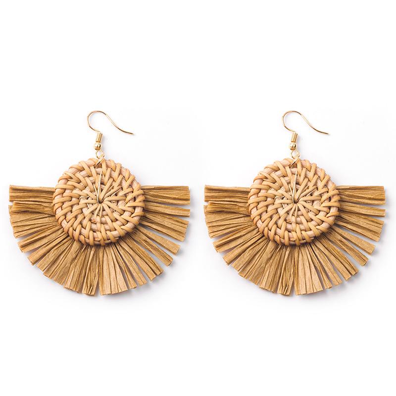 Hand-Woven Geometric Rattan Raffia Earrings, Retro Resort Fan Stud Earrings, Earrings For Women