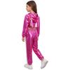 Mädchen Langarm-Hoodie mit asymmetrischem Saum, Metallic-Schnitt, Hip-Hop-Jazz-Set, Spaghettiträger-Top und glänzender Hose