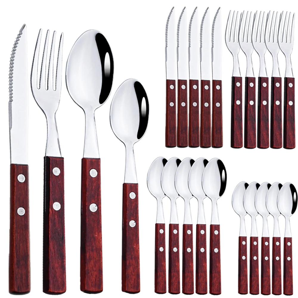 

24Pcs 304 Stainless Steel Tableware Set Wood Handle Dinnerware Sets Silverware Steak Knife Fork Spoon Cutlery Kitchen
