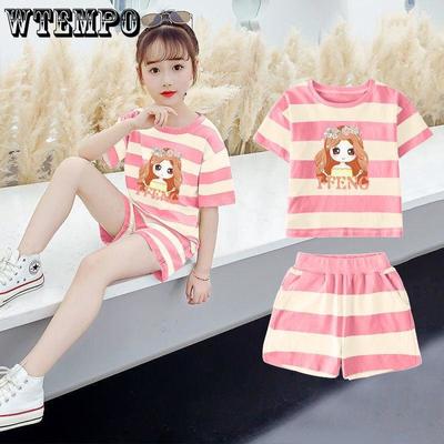 Traje para niños, conjunto coreano con estampado 3D de Raya Rosa fina de verano para niñas, pantalones cortos informales para estudiantes, conjunto de dos piezas