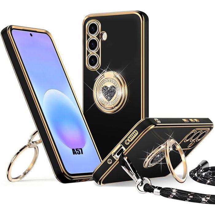 Hülle für Samsung Galaxy A57 5G, Silikon mit Lanyard und glänzendem drehbarem Ring, Herzmuster - Schwarz schwarz