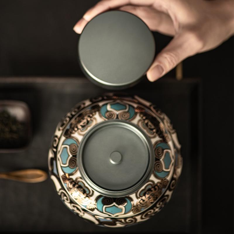 Taotie Ceramic Tea Can with Gold & Silver Inlay - Double-Metal Lid & Sealed Storage, Retro Chinese Design