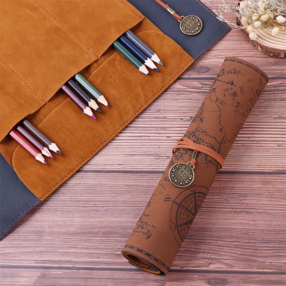 Creative Treasure Map Vintage Canvas Leather Large Capacity Roll Pencil Bag