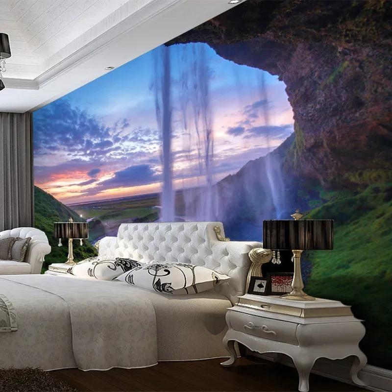 3D-Tapete, schöner Sonnenuntergang, Wasserfall, Wandbild, Wohnzimmer, Esszimmer, Hintergrund, Wandpapier, moderne Wohnkultur, Fresken