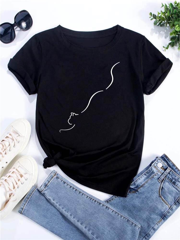 Ny Søt Kjærlighetshjerte Kattetrykk Dame T-skjorte Casual Kort Erm Topp Sommer Dameklær Tegneserie Streetwear Y2k Klær